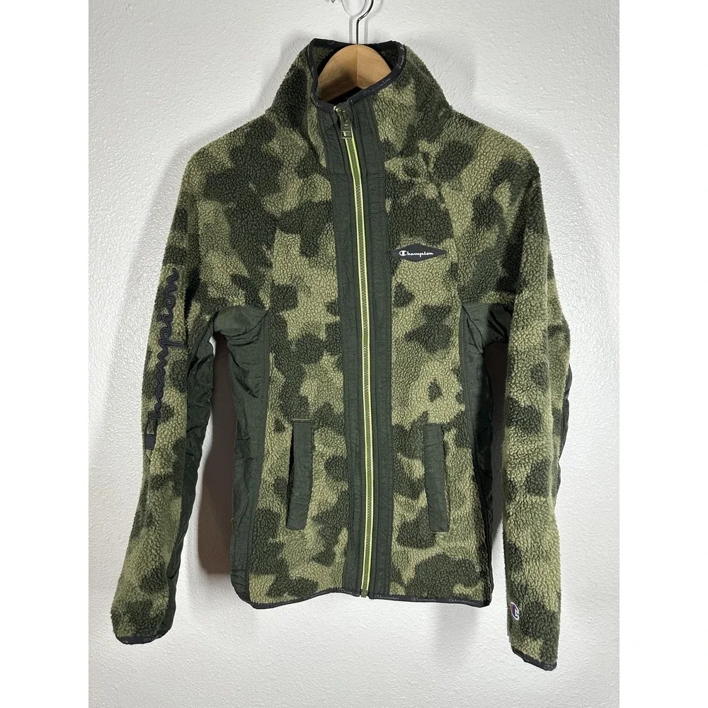 Champion Jacket Womens XS Green Camo Fleece Full‎ Zip Nylon Panels Warm Outdoor